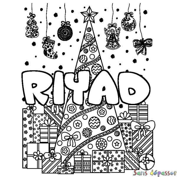 Coloriage pr&eacute;nom RIYAD - d&eacute;cor Sapin et Cadeaux