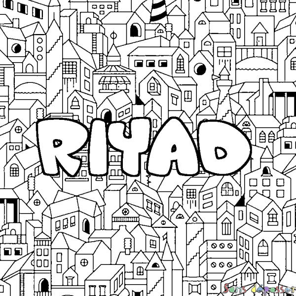 Coloriage pr&eacute;nom RIYAD - d&eacute;cor Ville