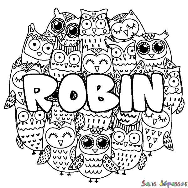 Coloriage pr&eacute;nom ROBIN - d&eacute;cor Chouettes