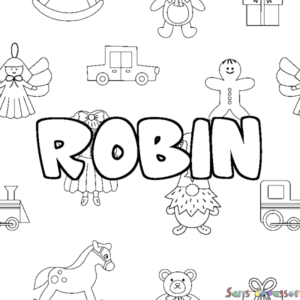 Coloriage pr&eacute;nom ROBIN - d&eacute;cor Jouets