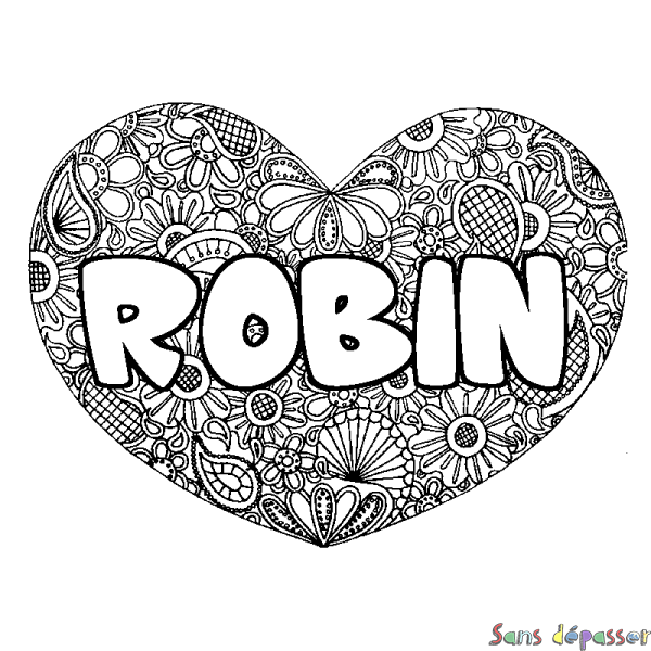 Coloriage prénom ROBIN - d&eacute;cor Mandala coeur