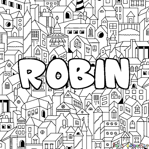 Coloriage prénom ROBIN - d&eacute;cor Ville