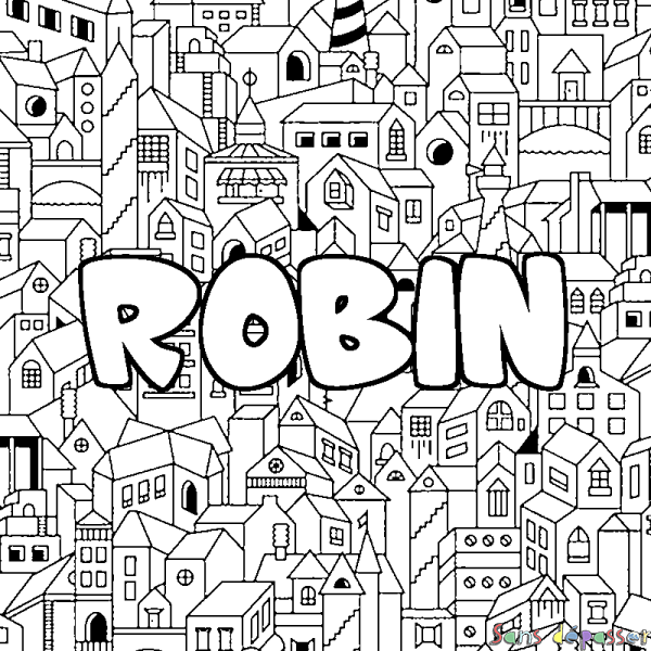 Coloriage pr&eacute;nom ROBIN - d&eacute;cor Ville
