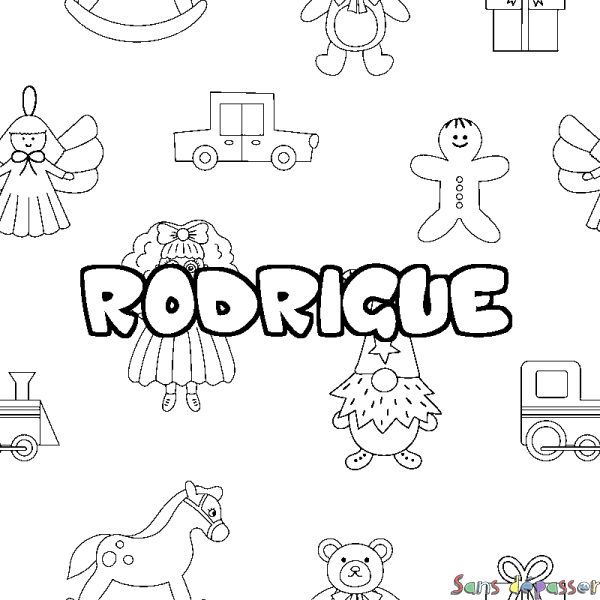 Coloriage pr&eacute;nom RODRIGUE - d&eacute;cor Jouets