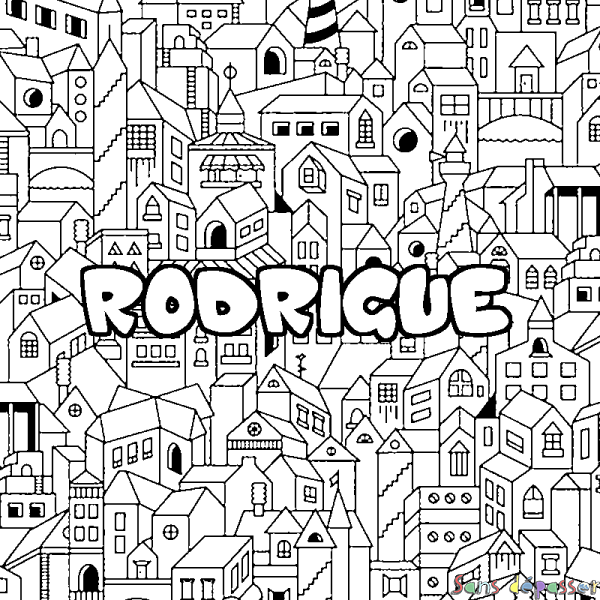 Coloriage prénom RODRIGUE - d&eacute;cor Ville
