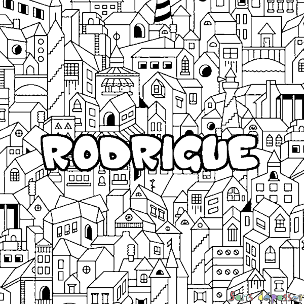 Coloriage pr&eacute;nom RODRIGUE - d&eacute;cor Ville