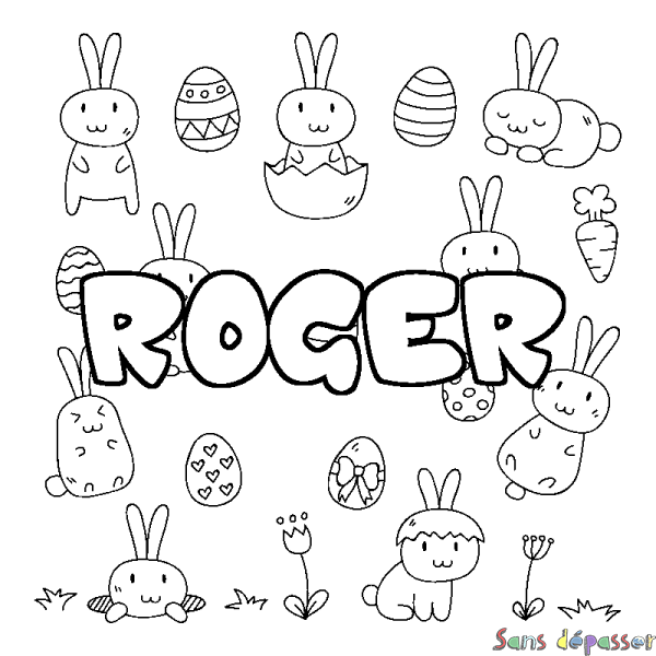 Coloriage pr&eacute;nom ROGER - d&eacute;cor Paques