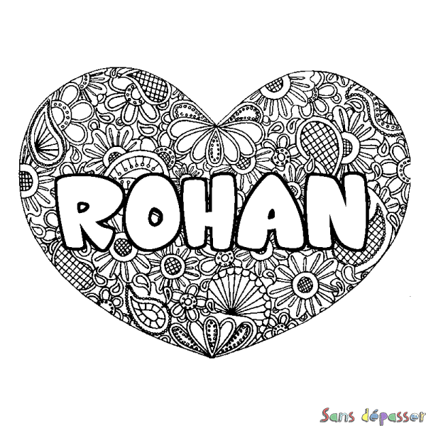 Coloriage pr&eacute;nom ROHAN - d&eacute;cor Mandala coeur