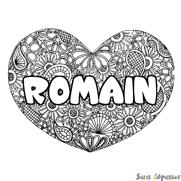 Coloriage pr&eacute;nom ROMAIN - d&eacute;cor Mandala coeur