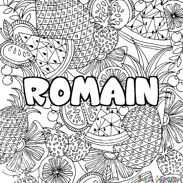 Coloriage prénom ROMAIN - d&eacute;cor Mandala fruits