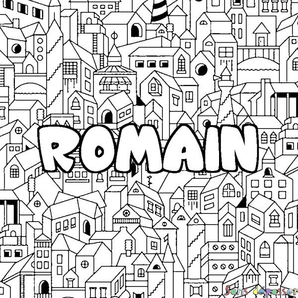 Coloriage pr&eacute;nom ROMAIN - d&eacute;cor Ville