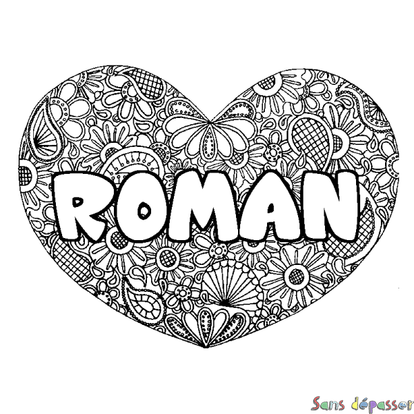 Coloriage pr&eacute;nom ROMAN - d&eacute;cor Mandala coeur