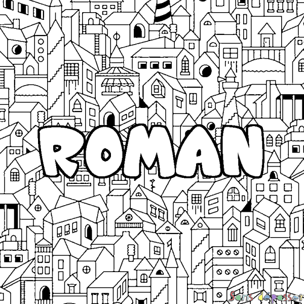 Coloriage pr&eacute;nom ROMAN - d&eacute;cor Ville