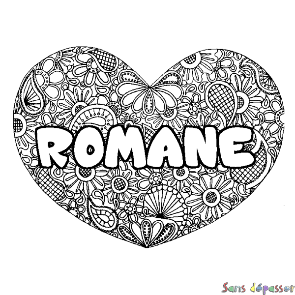 Coloriage prénom ROMANE - d&eacute;cor Mandala coeur