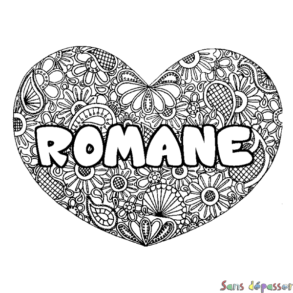 Coloriage pr&eacute;nom ROMANE - d&eacute;cor Mandala coeur