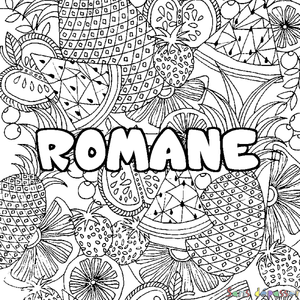 Coloriage pr&eacute;nom ROMANE - d&eacute;cor Mandala fruits