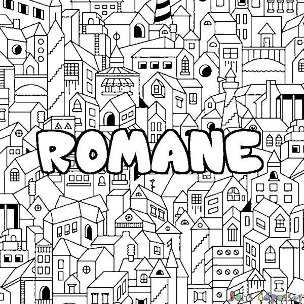 Coloriage pr&eacute;nom ROMANE - d&eacute;cor Ville