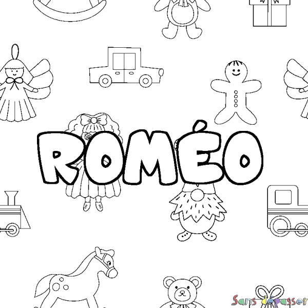 Coloriage pr&eacute;nom ROM&Eacute;O - d&eacute;cor Jouets