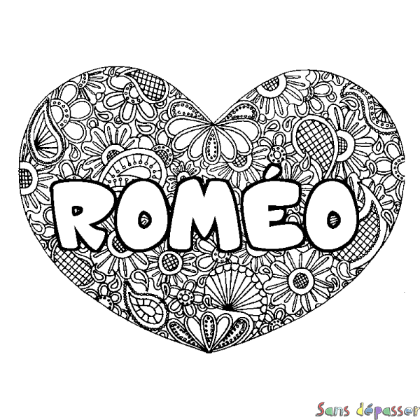 Coloriage pr&eacute;nom ROM&Eacute;O - d&eacute;cor Mandala coeur