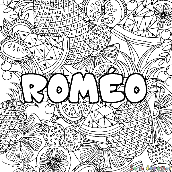 Coloriage pr&eacute;nom ROM&Eacute;O - d&eacute;cor Mandala fruits