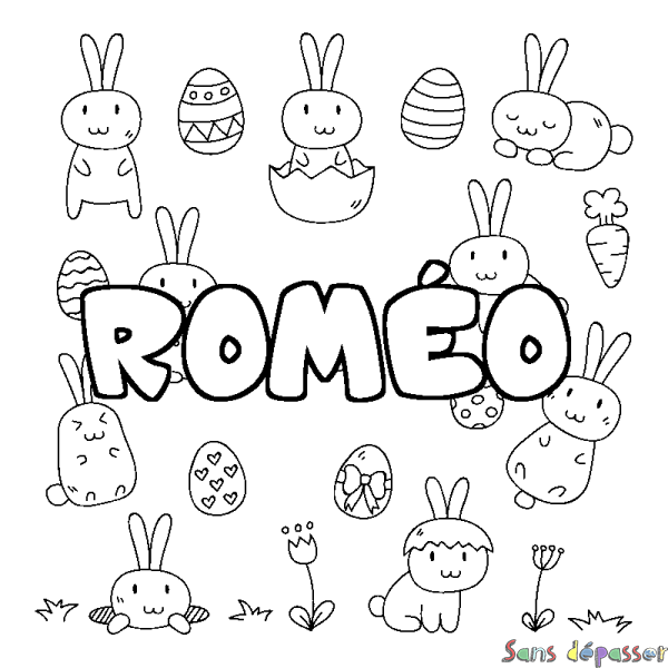 Coloriage pr&eacute;nom ROM&Eacute;O - d&eacute;cor Paques