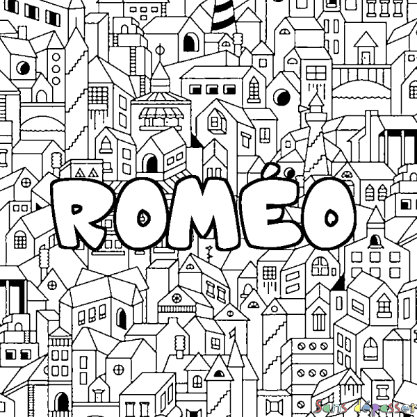 Coloriage pr&eacute;nom ROM&Eacute;O - d&eacute;cor Ville