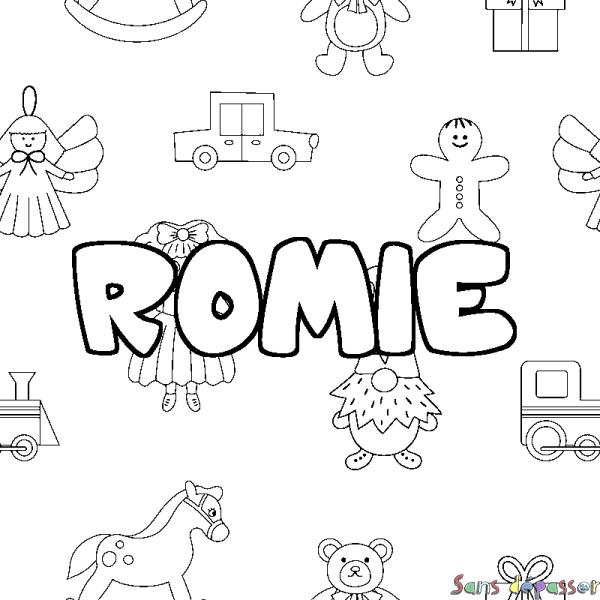 Coloriage pr&eacute;nom ROMIE - d&eacute;cor Jouets