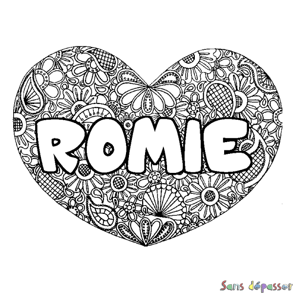 Coloriage pr&eacute;nom ROMIE - d&eacute;cor Mandala coeur