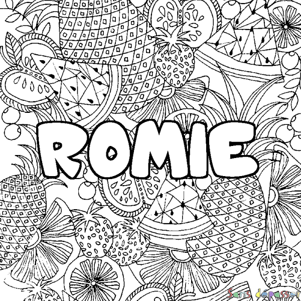 Coloriage pr&eacute;nom ROMIE - d&eacute;cor Mandala fruits