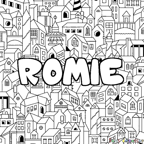 Coloriage pr&eacute;nom ROMIE - d&eacute;cor Ville