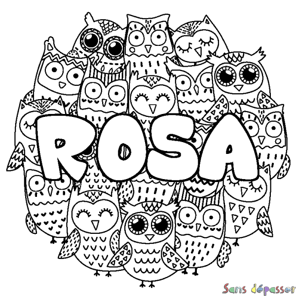 Coloriage pr&eacute;nom ROSA - d&eacute;cor Chouettes