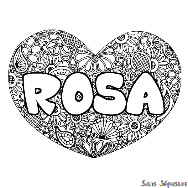 Coloriage pr&eacute;nom ROSA - d&eacute;cor Mandala coeur