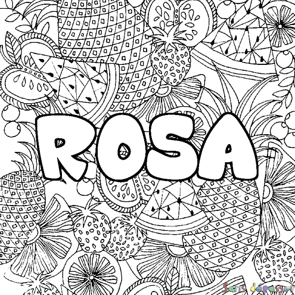 Coloriage pr&eacute;nom ROSA - d&eacute;cor Mandala fruits