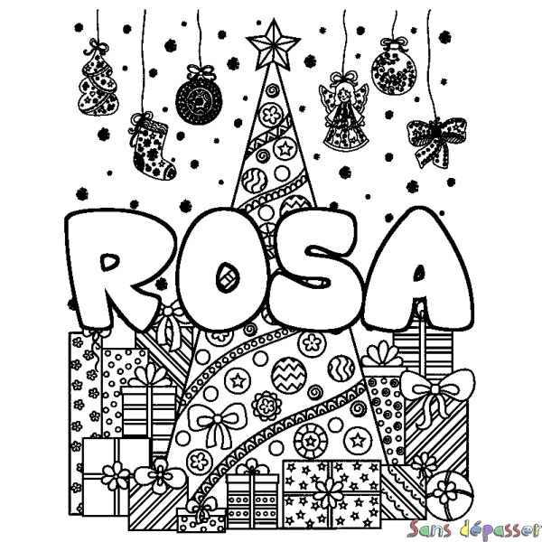 Coloriage prénom ROSA - d&eacute;cor Sapin et Cadeaux