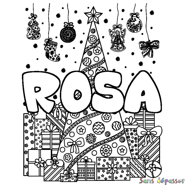 Coloriage pr&eacute;nom ROSA - d&eacute;cor Sapin et Cadeaux