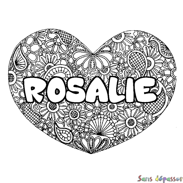 Coloriage pr&eacute;nom ROSALIE - d&eacute;cor Mandala coeur