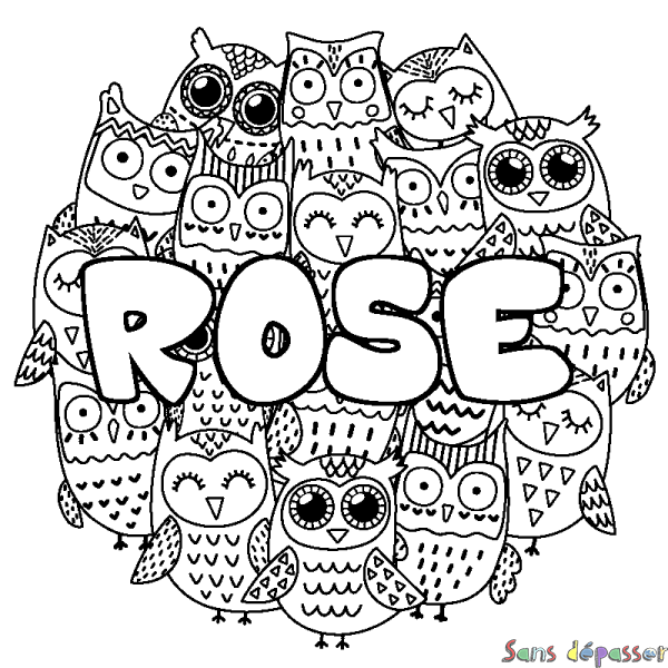 Coloriage pr&eacute;nom ROSE - d&eacute;cor Chouettes