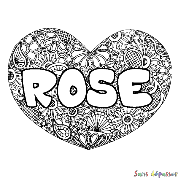 Coloriage prénom ROSE - d&eacute;cor Mandala coeur
