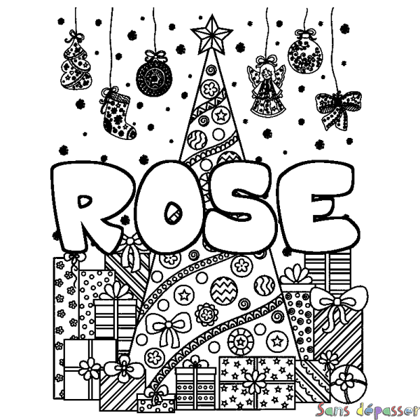 Coloriage prénom ROSE - d&eacute;cor Sapin et Cadeaux
