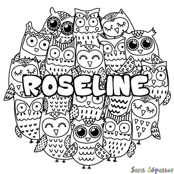 Coloriage prénom ROSELINE - d&eacute;cor Chouettes
