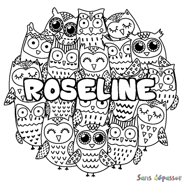 Coloriage pr&eacute;nom ROSELINE - d&eacute;cor Chouettes