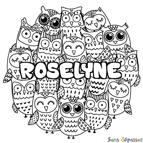 Coloriage prénom ROSELYNE - d&eacute;cor Chouettes