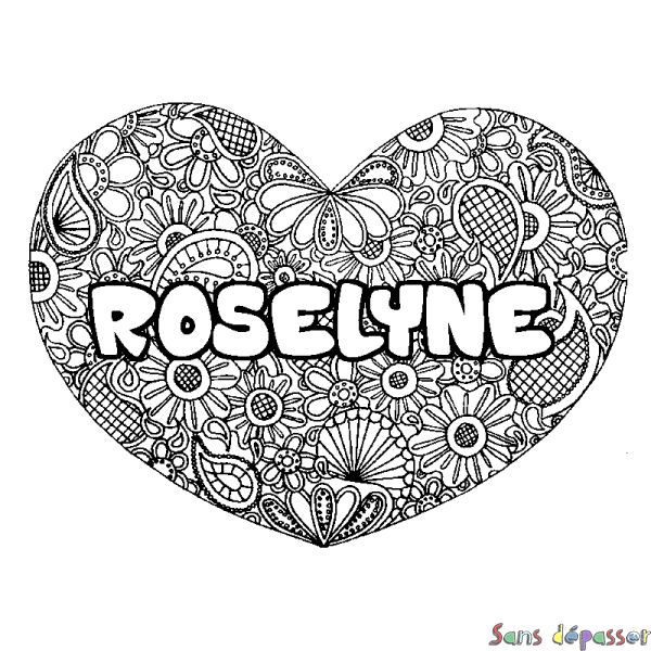 Coloriage prénom ROSELYNE - d&eacute;cor Mandala coeur