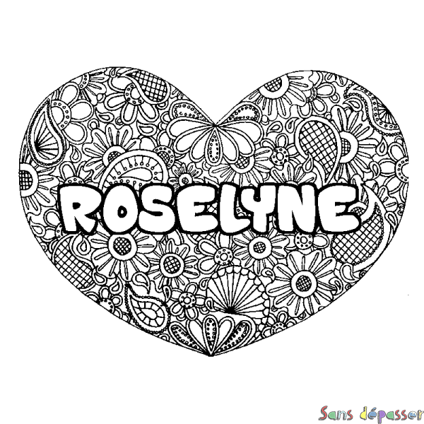 Coloriage pr&eacute;nom ROSELYNE - d&eacute;cor Mandala coeur
