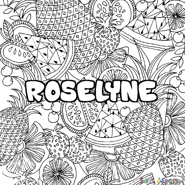 Coloriage pr&eacute;nom ROSELYNE - d&eacute;cor Mandala fruits