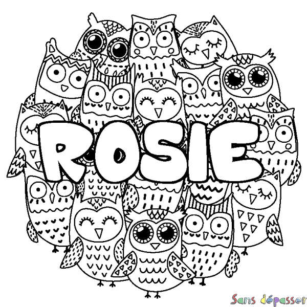 Coloriage pr&eacute;nom ROSIE - d&eacute;cor Chouettes