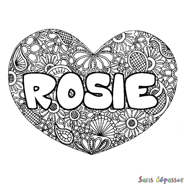 Coloriage pr&eacute;nom ROSIE - d&eacute;cor Mandala coeur