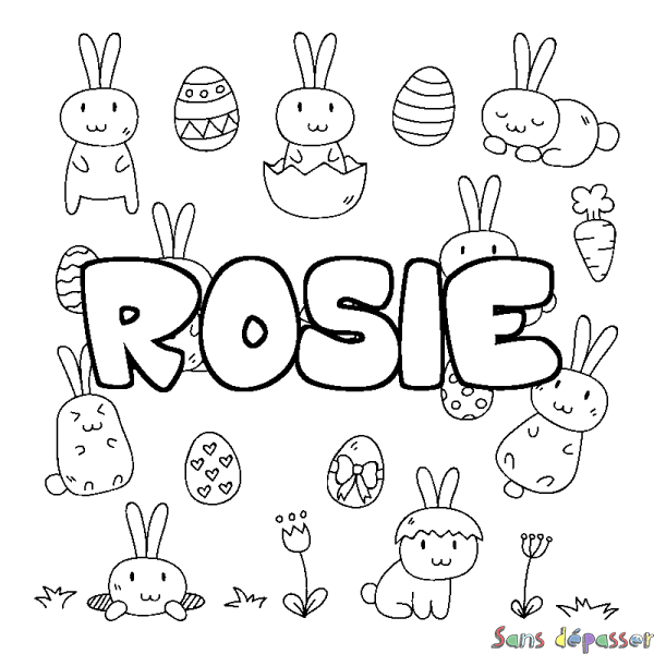 Coloriage pr&eacute;nom ROSIE - d&eacute;cor Paques
