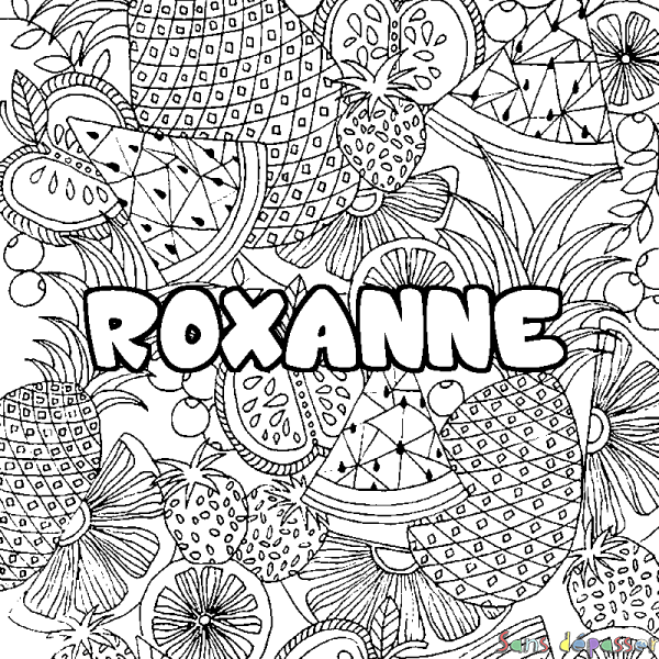 Coloriage pr&eacute;nom ROXANNE - d&eacute;cor Mandala fruits