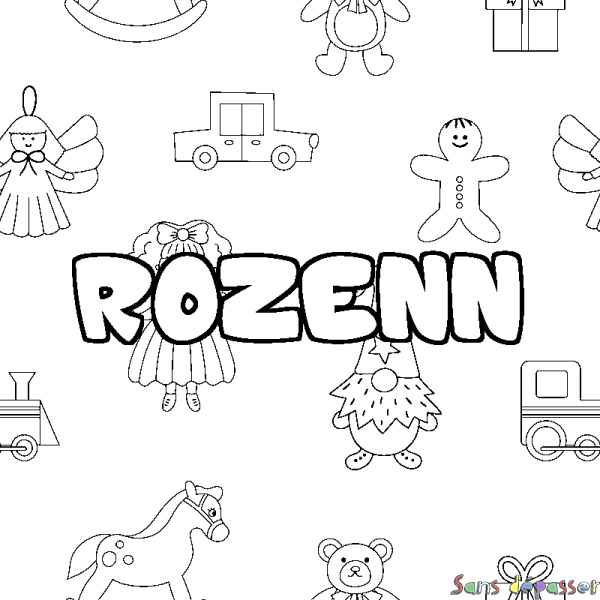 Coloriage pr&eacute;nom ROZENN - d&eacute;cor Jouets